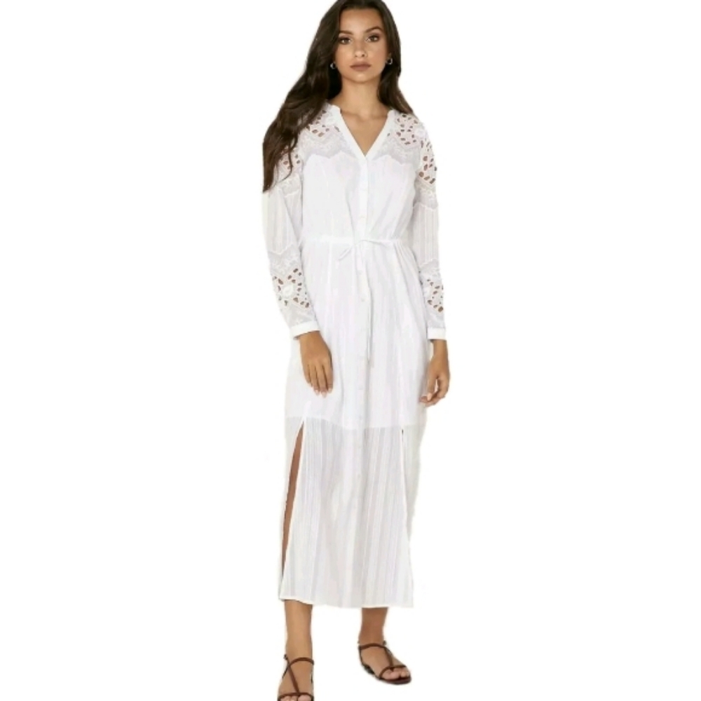 NWT $250.00 Karen Millen Cutwork Lace Gathered Waist Shirt Dress Size 4 Small